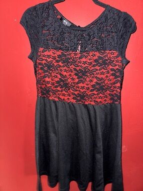 BCX Black Lace Bodice Dress with Red Underlayer